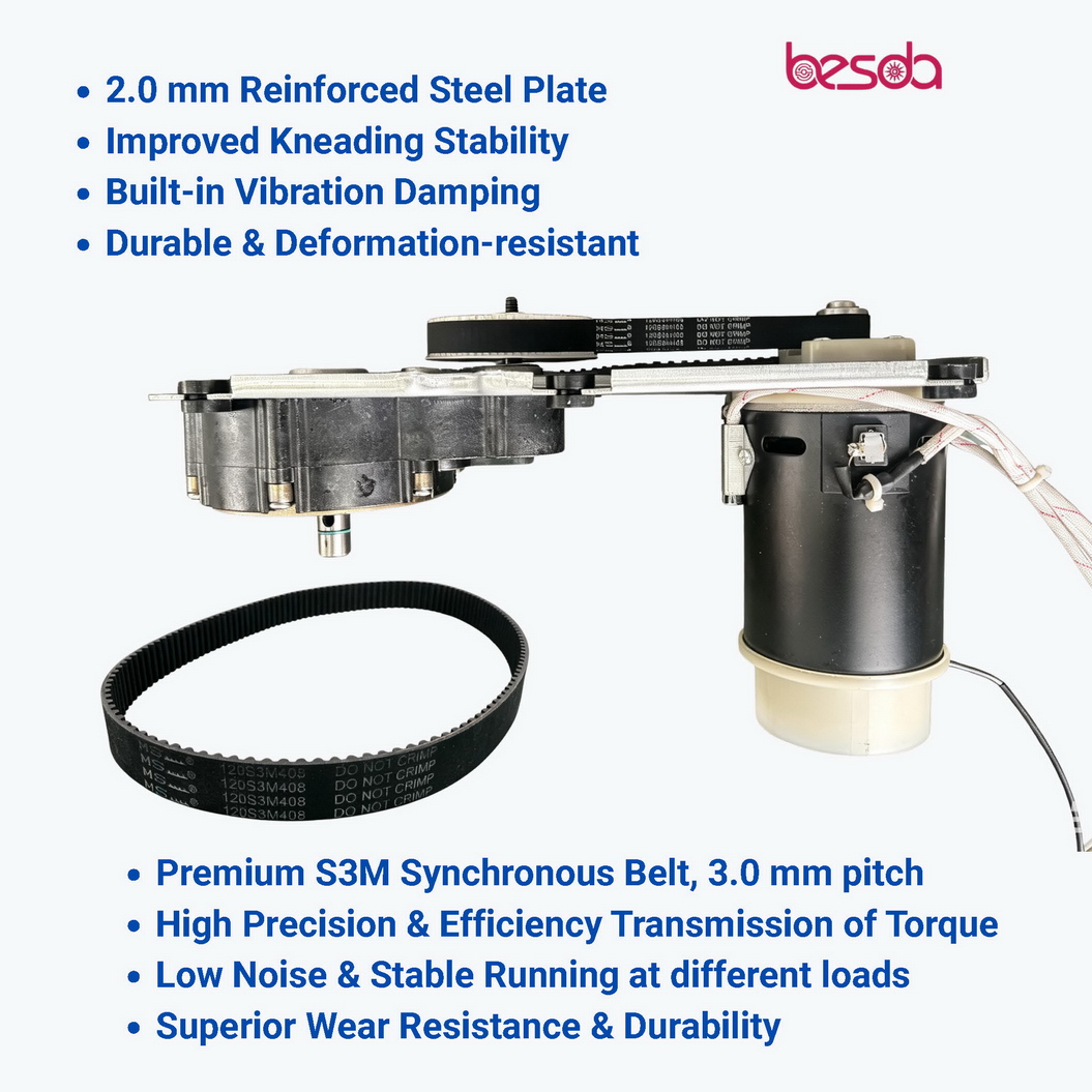 BESDA Stand Mixer model SM907 with 2.0mm reinforced steel plate and S3M timing belt for stable big torque tranmission BESDA Stand Mixer model SM907 with 2.0mm reinforced steel plate and S3M timing belt for stable big torque tranmission