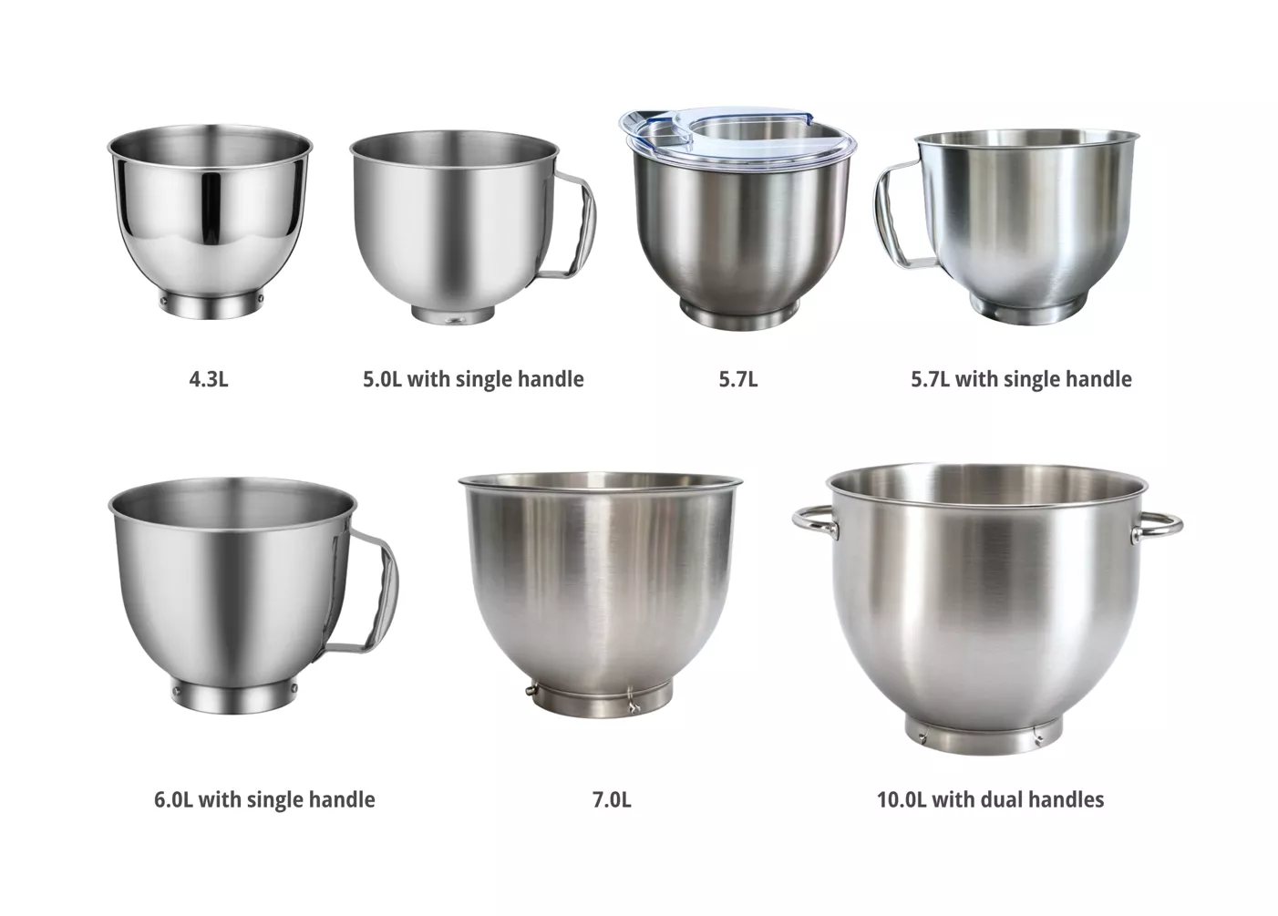 BESDA stainless steel stand mixer bowls in different capacities and handle designs